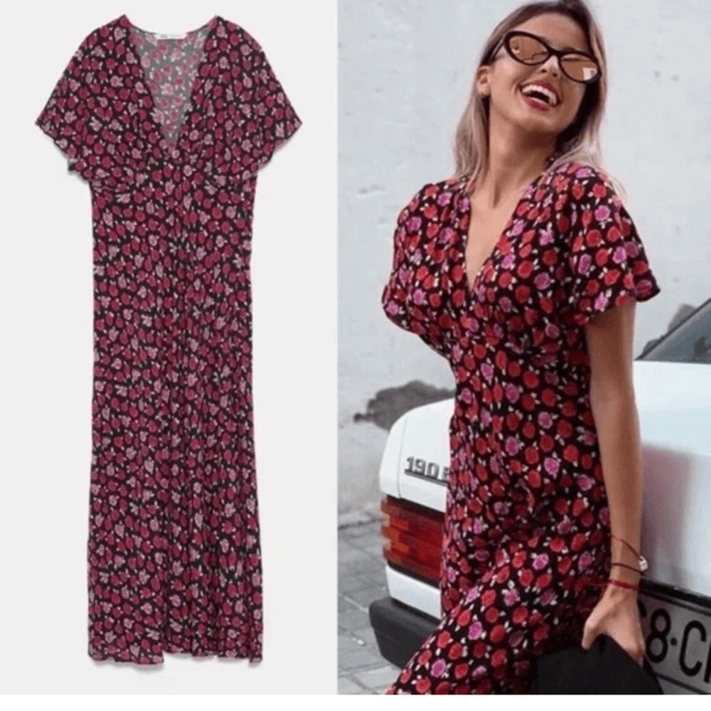 Zara Rose Print Midi Maxi Dress Size XS V Neck Lightweight Short Sleeves